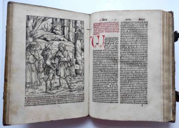 Foto Doppelseite mit Holzschnitt und Text - Johann Geiler von Kaysersberg, 1479-1510 Prediger in Straßburg - Erste Buchausgabe mit deutschen Predigten.