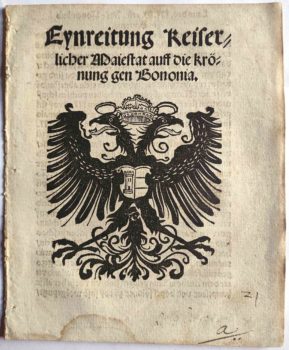 Titel mit Wappenholzschnitt - Kaiserkrönung Karl V., 1500-1558