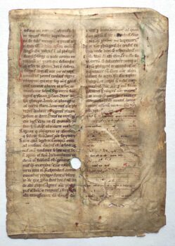 Lateinischer Text aus Apostelgeschichte 8, 26–40 auf Pergamentblatt (Graduale), 14. Jahrhundert, mit roter/grüner Initiale und Notation auf vier Linien.