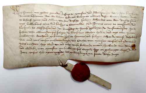 Vorschaubild Niederdeutscher Lehensbrief, Münster 5. Februar 1495, Bischof von Münster, mit angehängtem rotem Siegel.