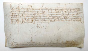 Portugiesische Königsurkunde auf Pergament, Évora 26. Juli 1482, König João II. von Portugal mit eigenhändiger Unterschrift „Rey“.