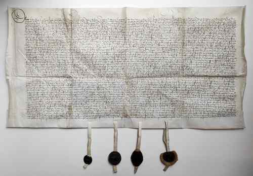 Vorschau: Pergamenturkunde aus Ravensburg von 1493, Stiftung einer ewigen Messe durch Hans Wÿerman, mit vier anhängenden Siegeln.